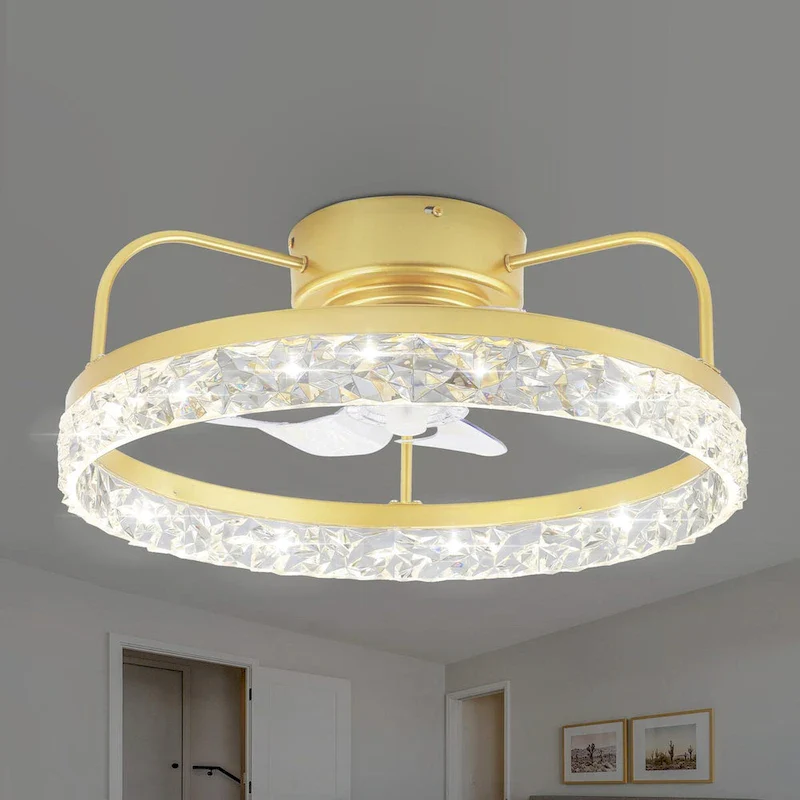 19.9  Crystal Flush Mount Ceiling Fan App Control Remote Control 6 Fan Speed 3 Light Tones with Dimming function for Bedroom