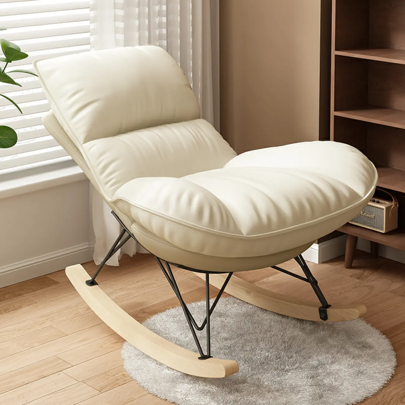 Natural Wood Upholstered Rocking Chair with Ottoman in White