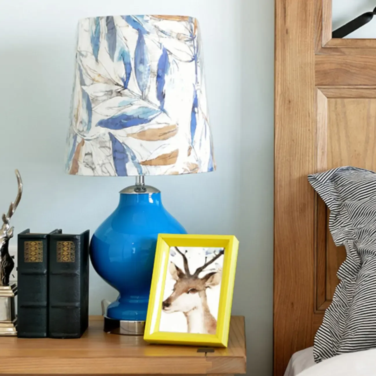 Blue Glass Table Lamp with Leaf Fabric Shade