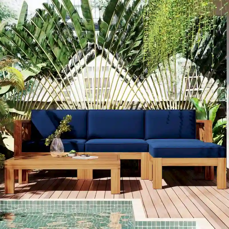 Natural Acacia Wood 5-Piece Outdoor Sectional Sofa Set with Water-resistant Fabric