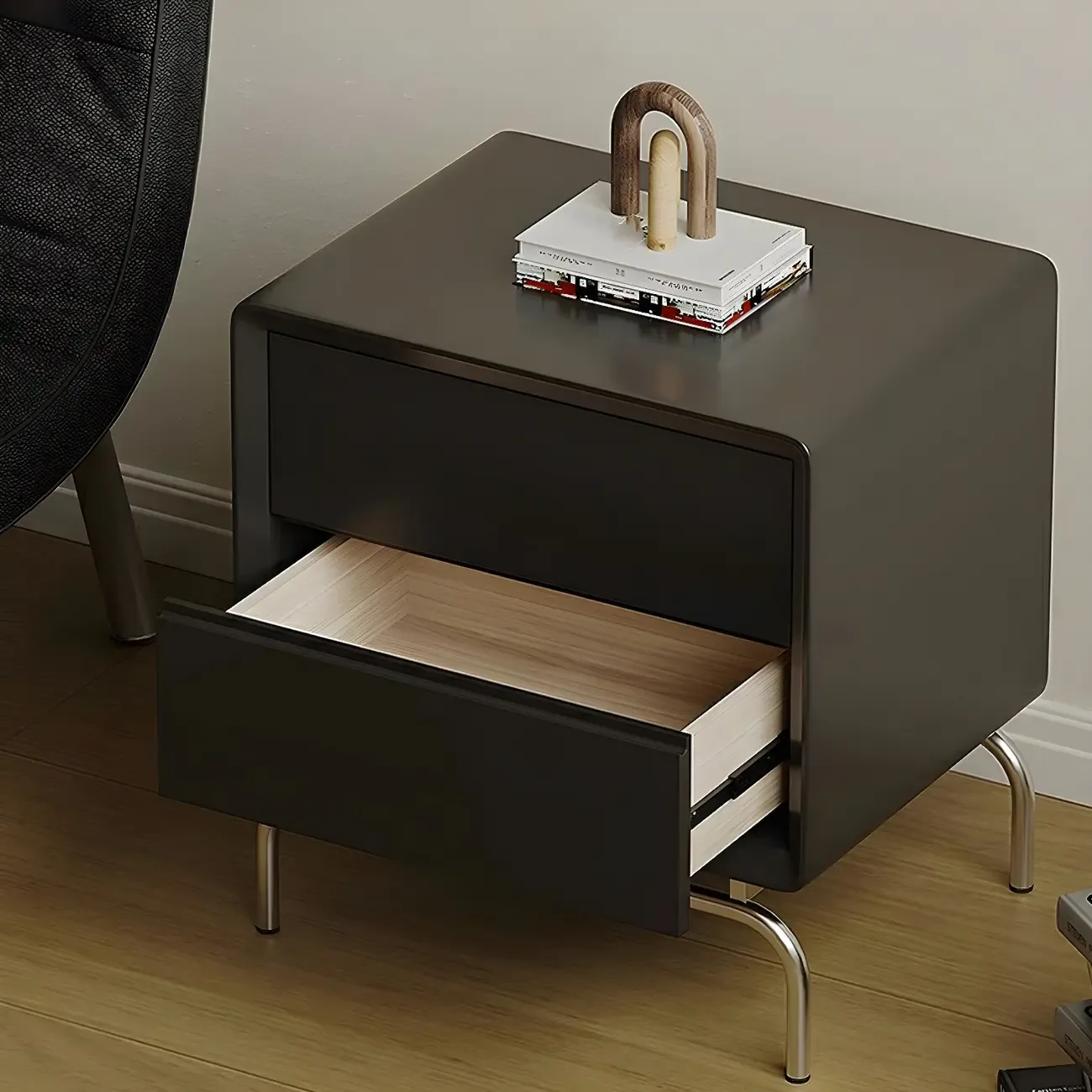 Classic Black Wood 2 Drawers Nightstand with Silver Metal Base