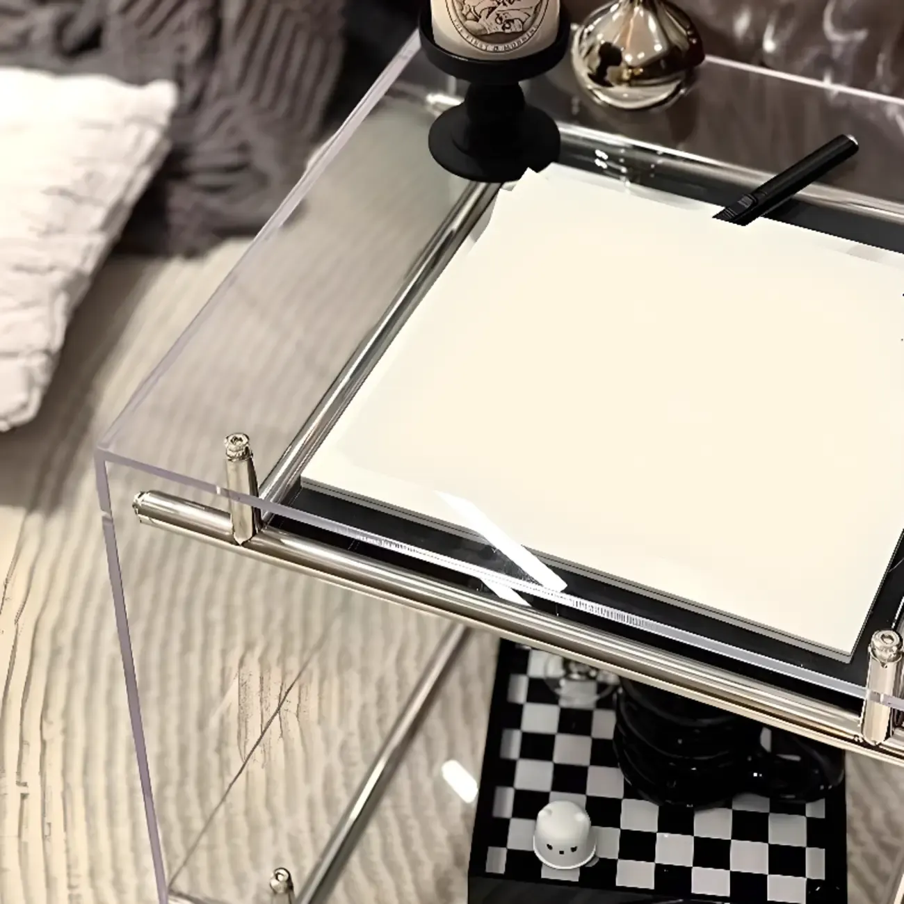 Stylish Clear Acrylic 360° Rolling Cubic Side Table