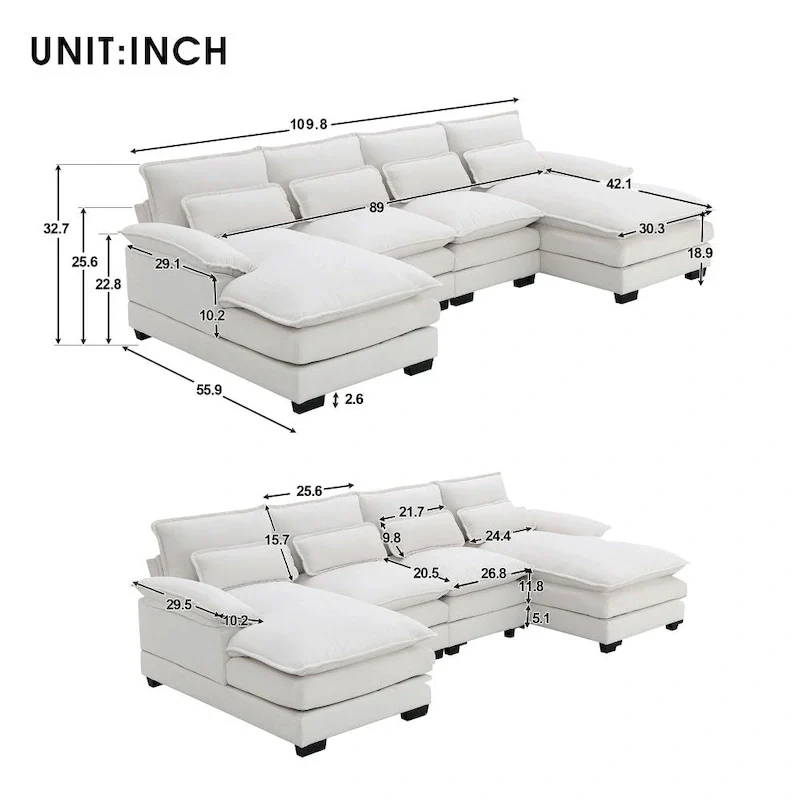 110*55 Modern U-Shaped Sectional Sofa with Waist Pillows,6-Seat Upholstered Symmetrical Sofa Furniture
