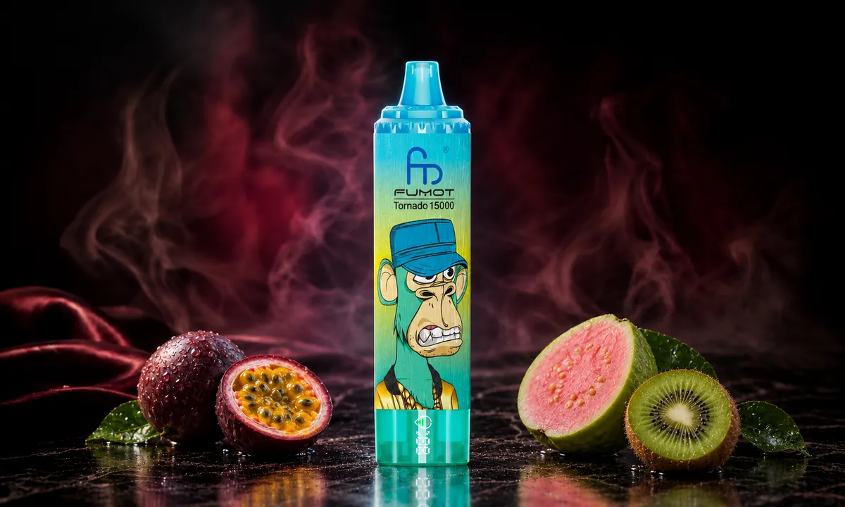 FUMOT Tornado 15000 Kiwi Passion Fruit Guava – E-Zigarette in einer atmosphärischen Produktszene