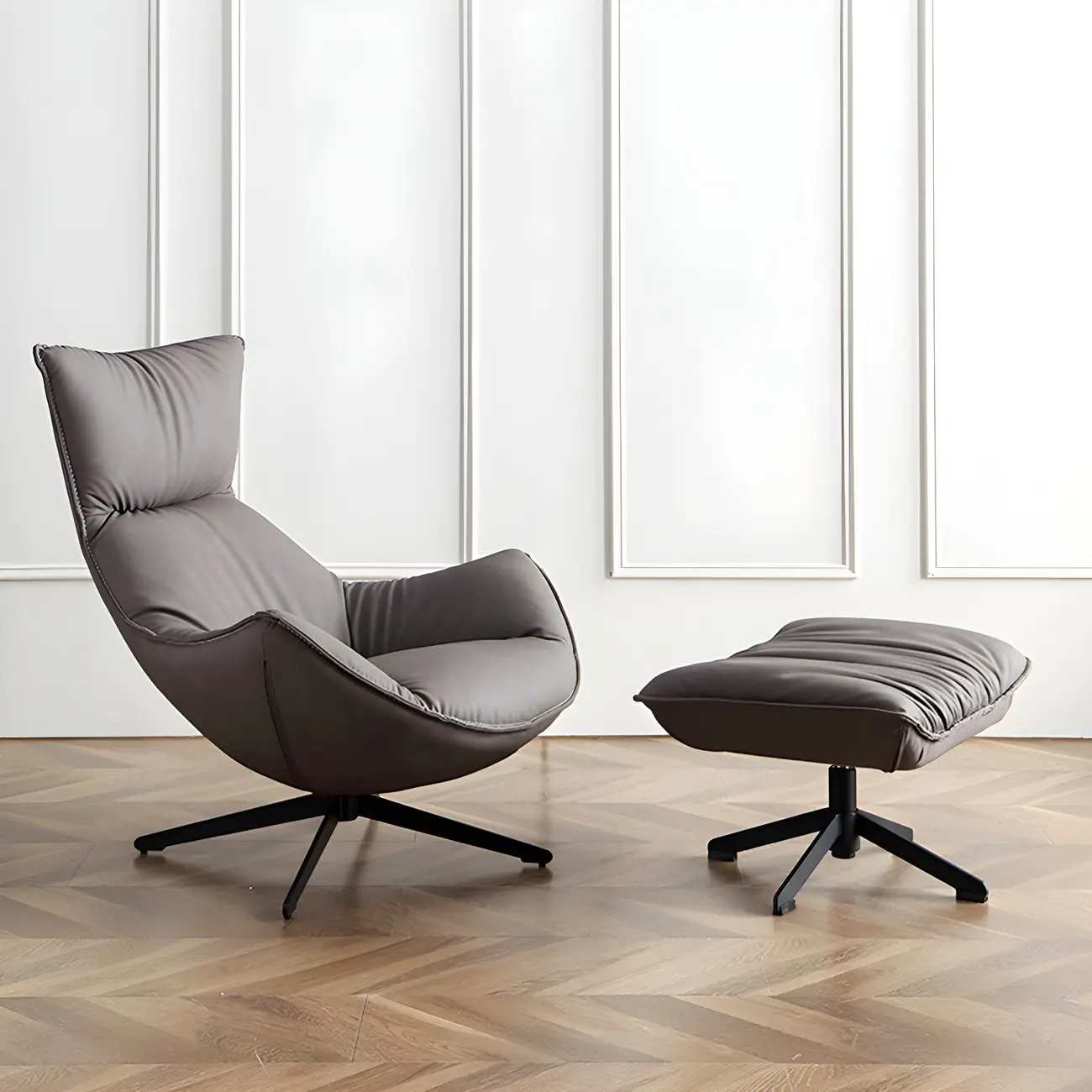 Modern Leather Brown Lounge Chair with Ottoman