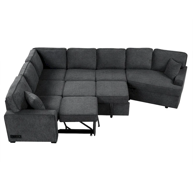 Black 126 L-Shaped 6-Seater Sofa with Pull-Out Bed and Cup Holders