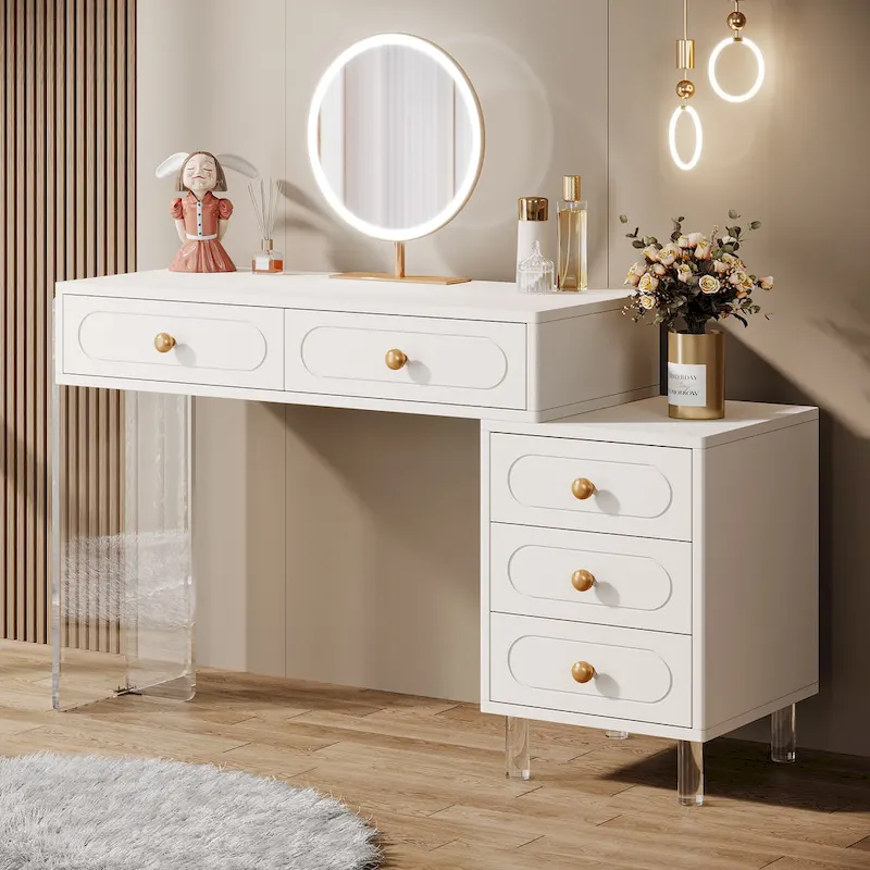 Extendable Makeup Vanity Desk 5 Drawers Dressing Table with Acrylic Base