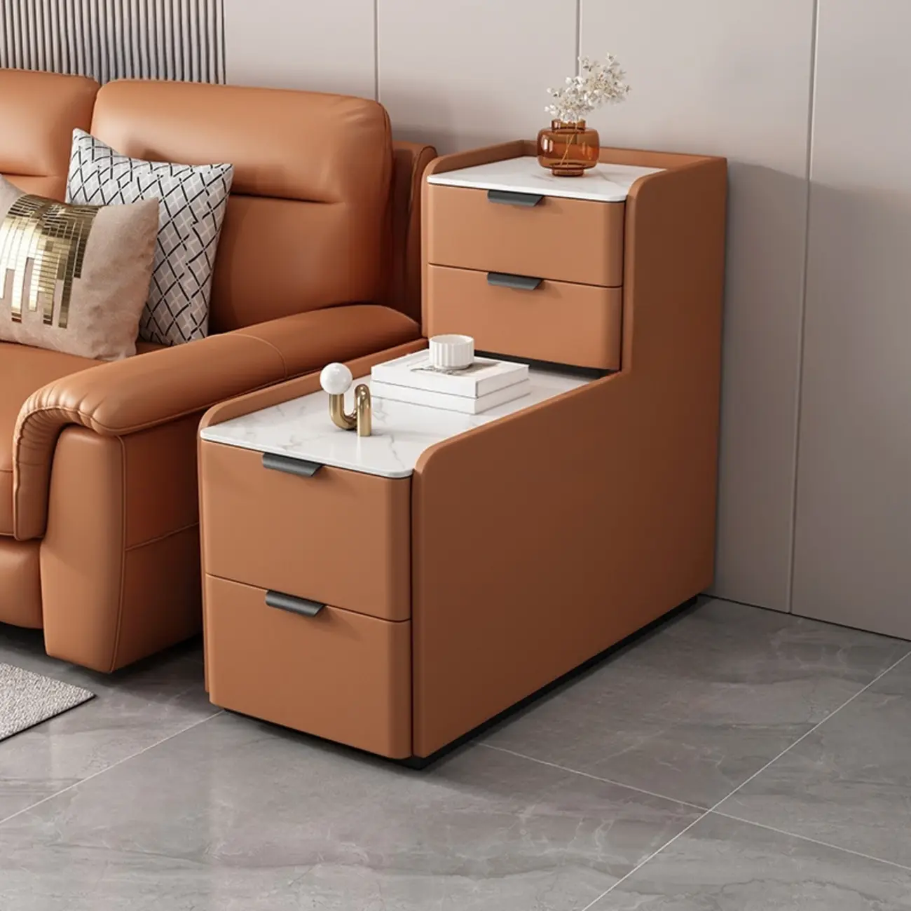 Tall 4-Drawer Stone Top Wooden L-Shaped Sofa End Table