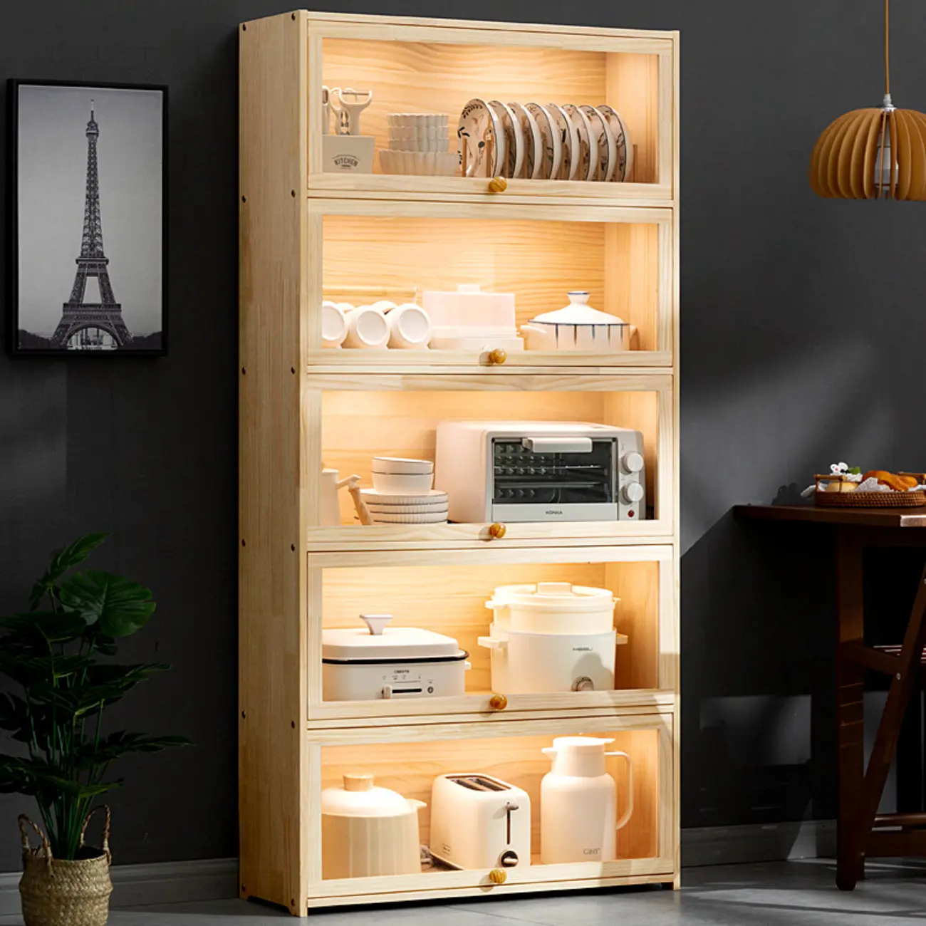 Kitchen Natural Wooden Multi-Shelf China Cabinet