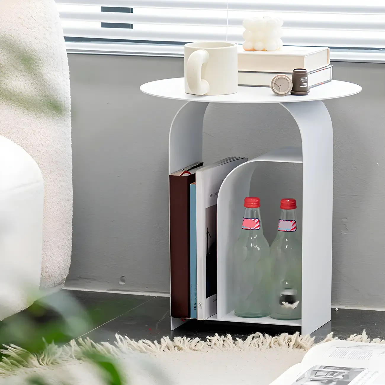 Industrial Narrow White Metal Bedside Table with Round Top