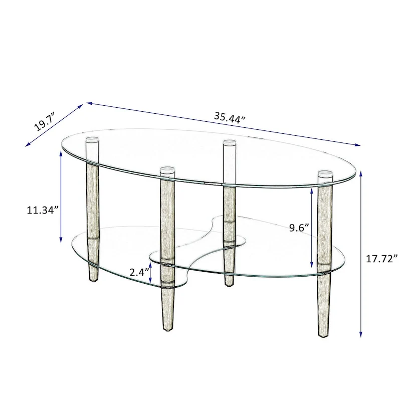 Oval glass coffee table, Transparent coffee table, modern table in living room with Oak wood legs, tea table