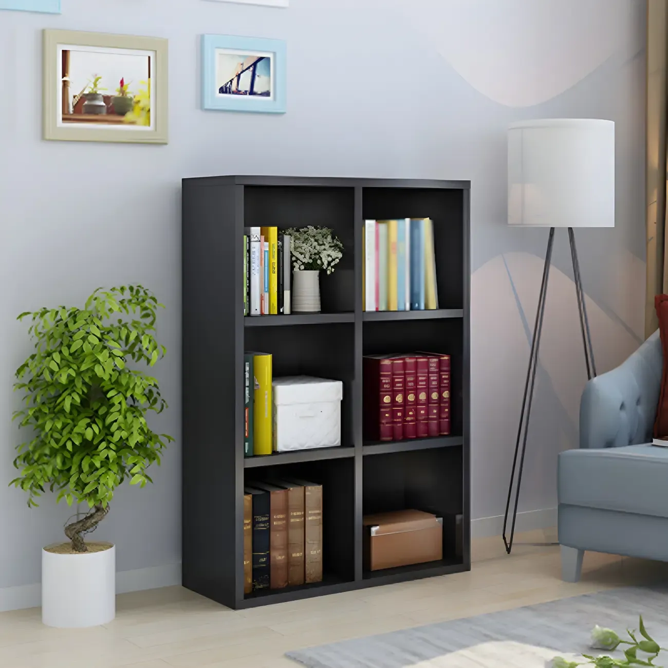 Scandinavian 3-Tier Black Cube Wood Bookcase