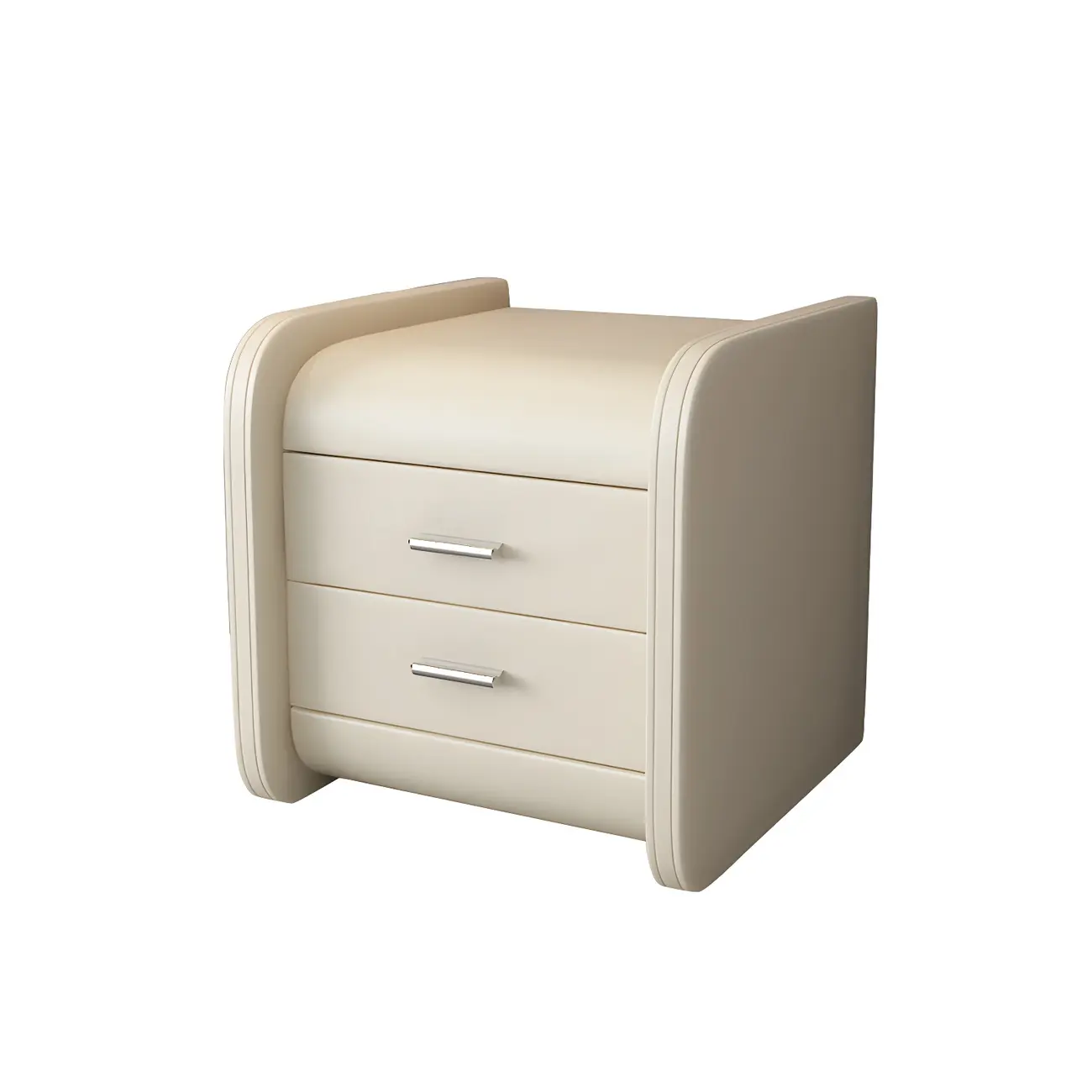 Modern Round Edge Nightstand with 2 Drawers in Beige Leather