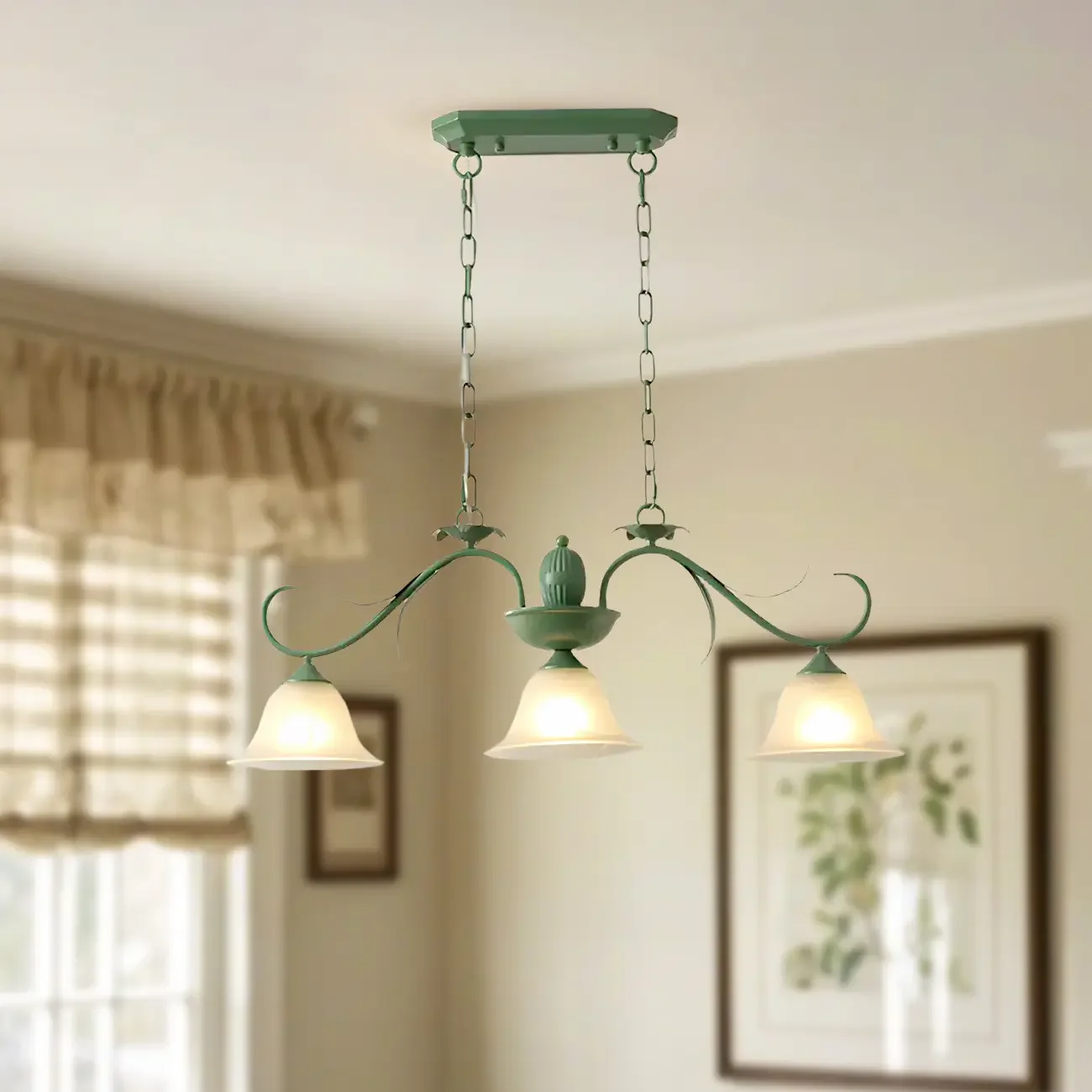 Green Glass 3-Light Floral Island Pendant Light for Kitchen