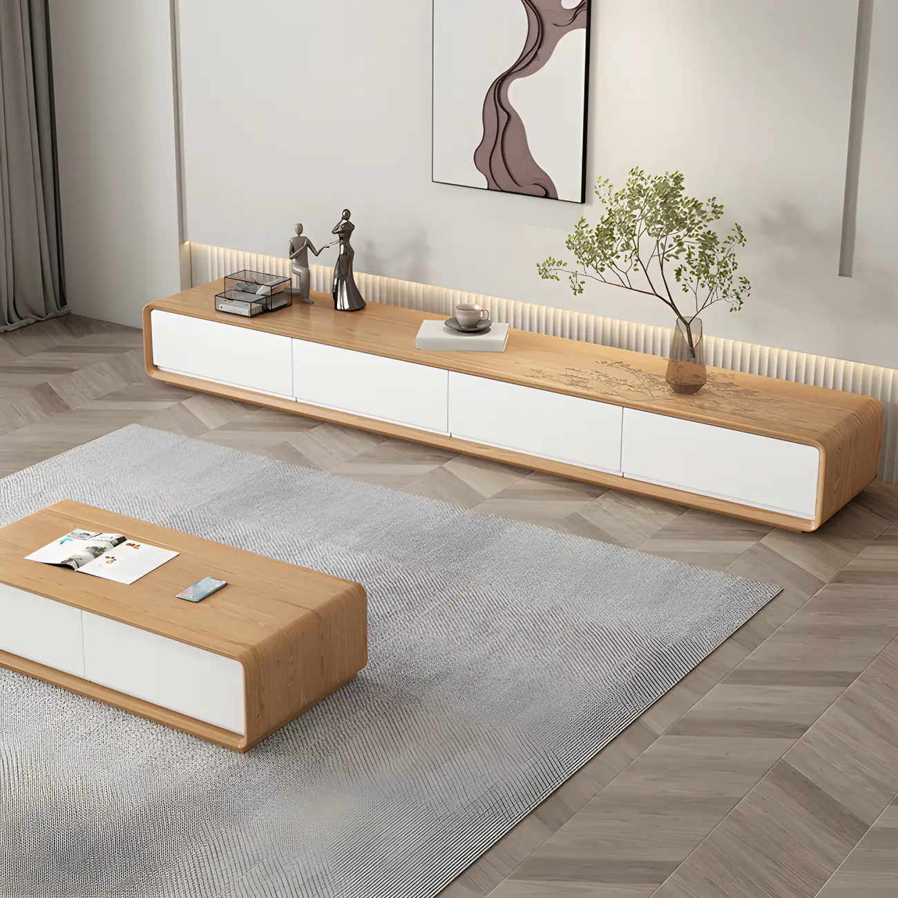 79 Natural Wood Long Floating TV Stand with Drawers