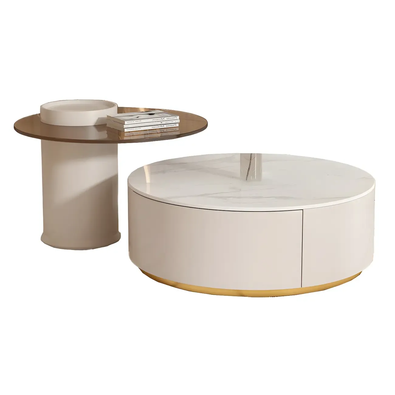 White Modern Round Drum Wood Drawer Coffee Table