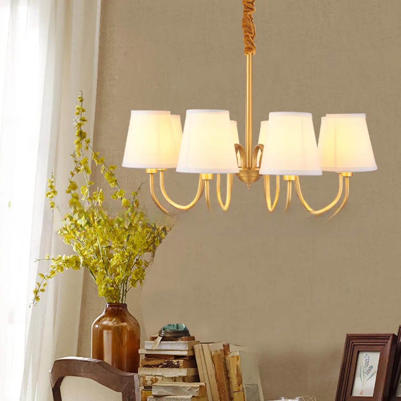 Modern Brass Hanging Chandelier with Fabric Shade