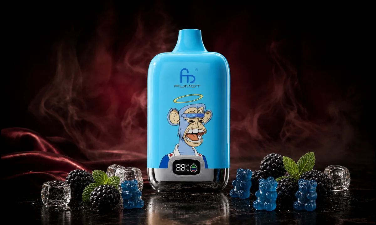 Fumot Digital Box 12000 Blue Razz Gummy Bear Vape in einer dunklen Rauchszene