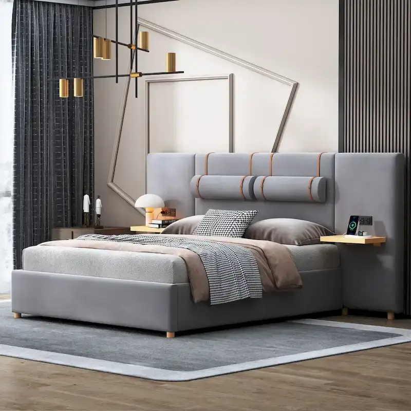 Queen Size Velvet Upholstered Platform Bed,Two Outlets and USB Charging Ports on Both Sides,Two Bedside Pillows,Storage Shelves