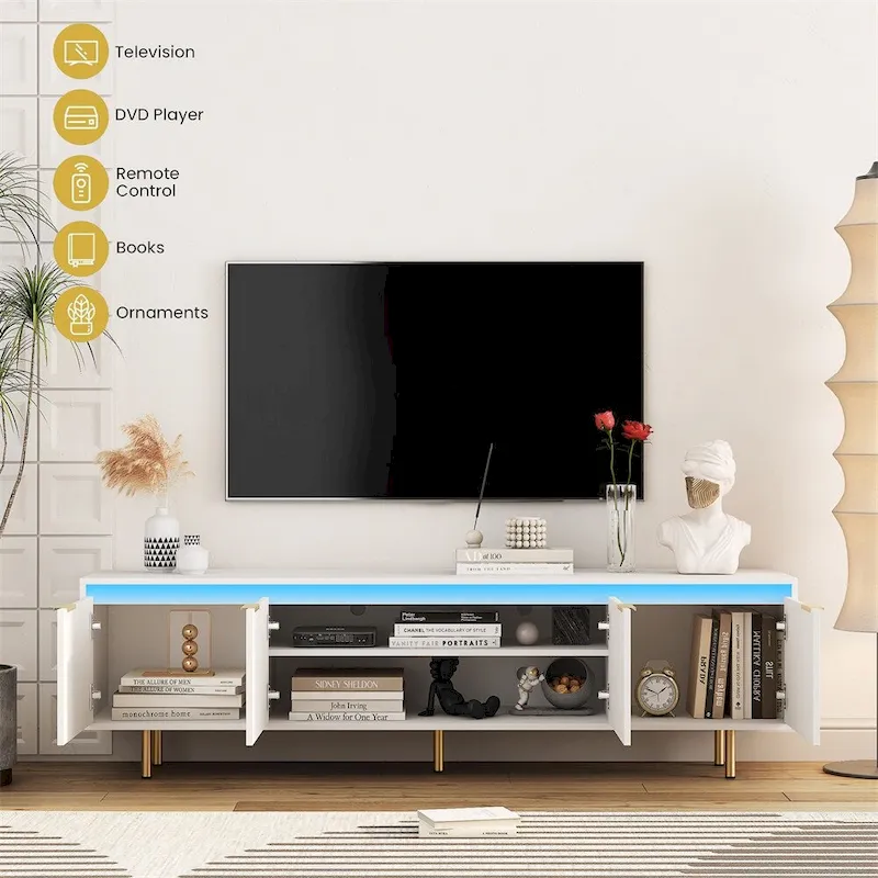 Modern Wood LED TV Stand with 4 Doors for 80 Inch TV