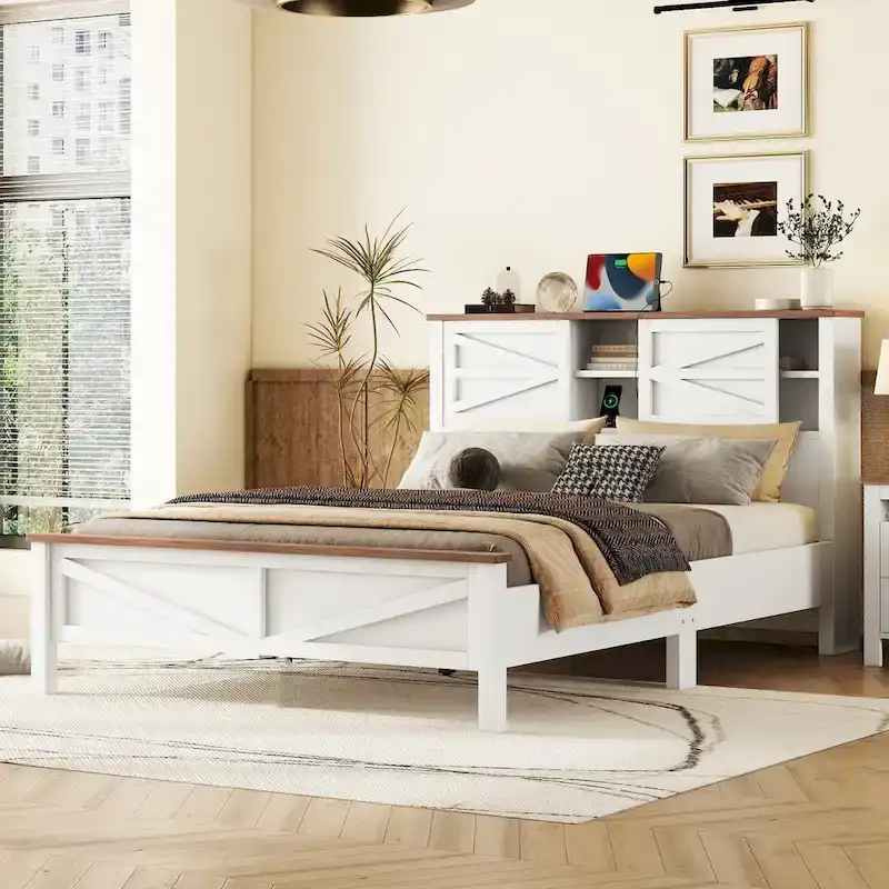 Farmhouse Platform Bed with Double Sliding Barn Door and Charging Station