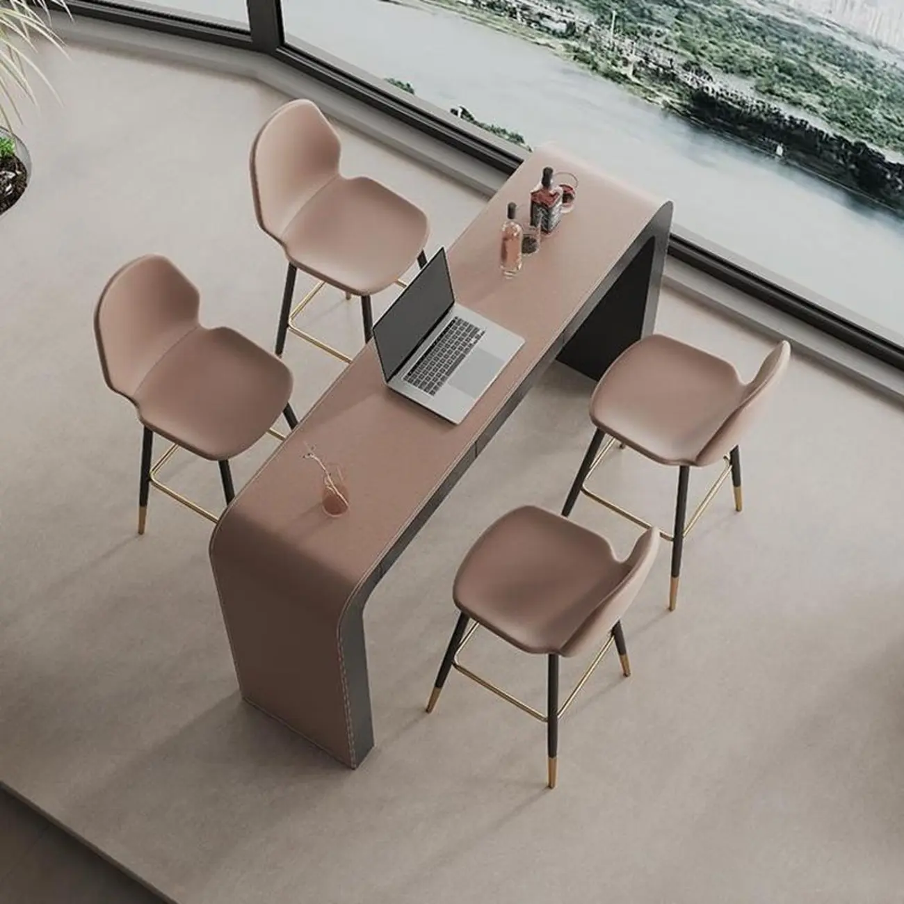 Modern Brown Leather Wooden Curved Bar Tables with 3 Drawers