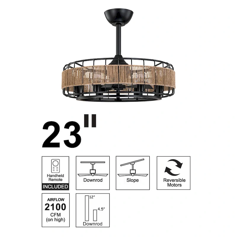 C Cattleya 23  3 Blades 6-Light Black Ceiling Fan with Paper Rope Shade