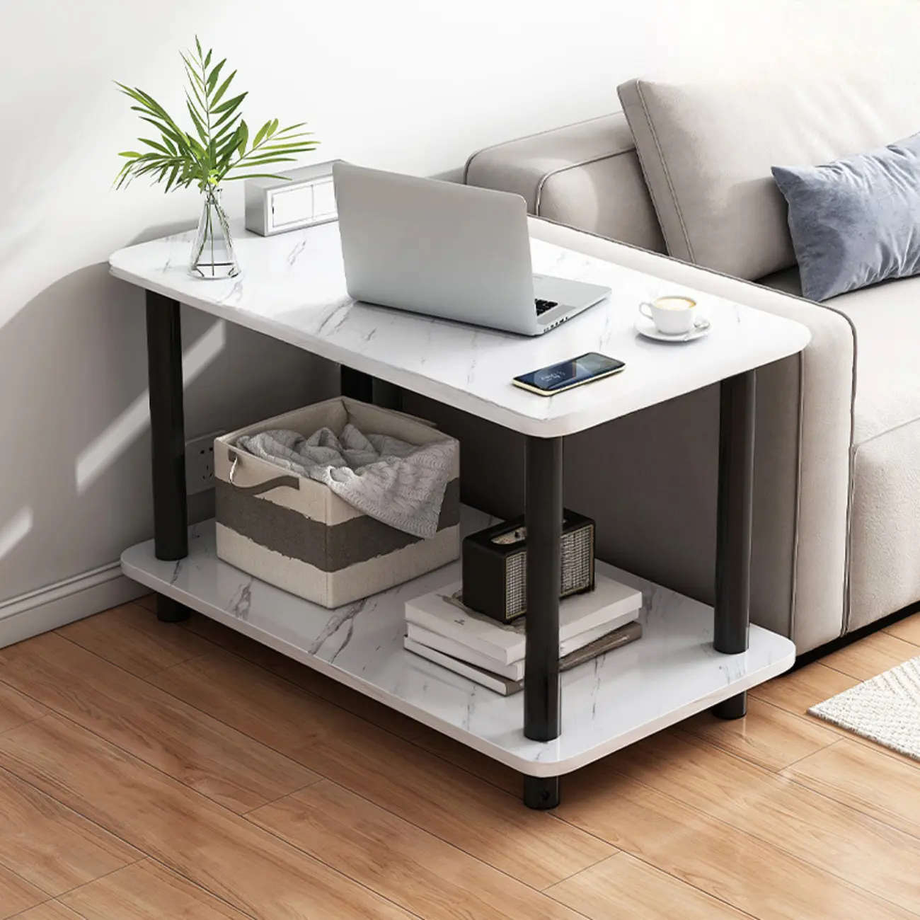 Square White Wood Side Table with Shelf