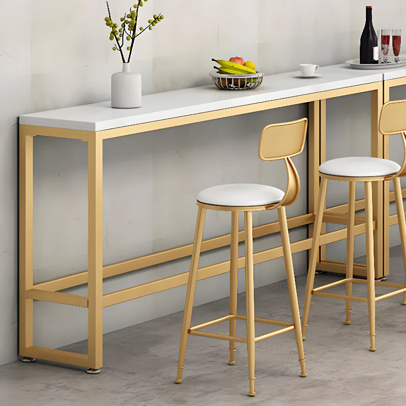 Modern Rectangle Marble Top Bar Table Gold Base with Footrest