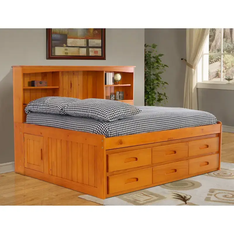OS Home and Office Furniture Solid Pine Full Daybed with Six Drawers in Warm Honey