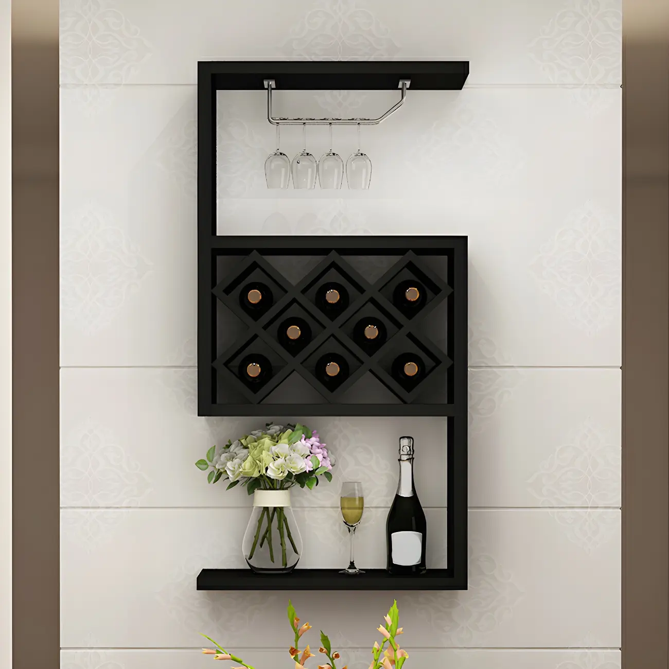 Rubberwood Floating Mount Wine Rack with Stackable Design