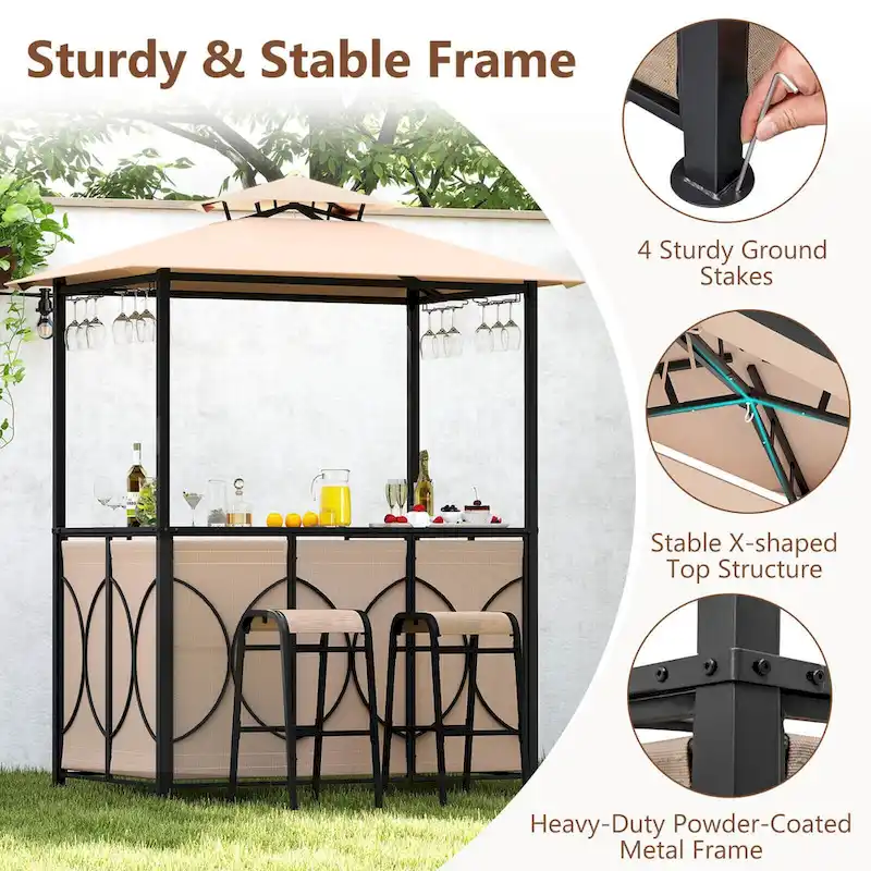Costway 6.5 x 4 x 8 FT Grill Gazebo Set with 2 Bar Stools, Tempered - See Details