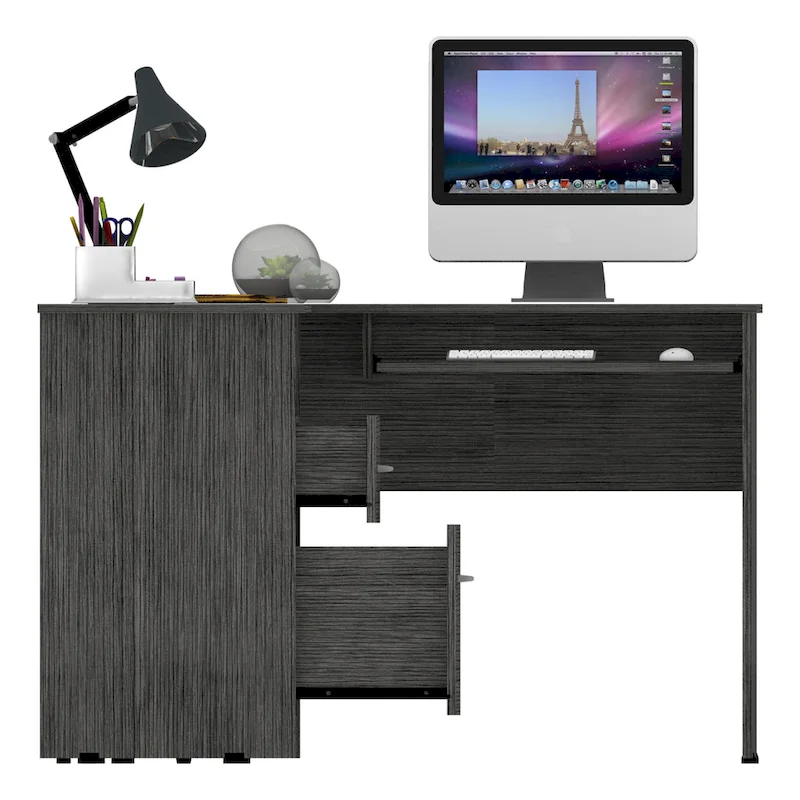 TUHOME Mix L-Shaped Desk with Open Shelving, 2 Drawers, and a Retractable Keyboard