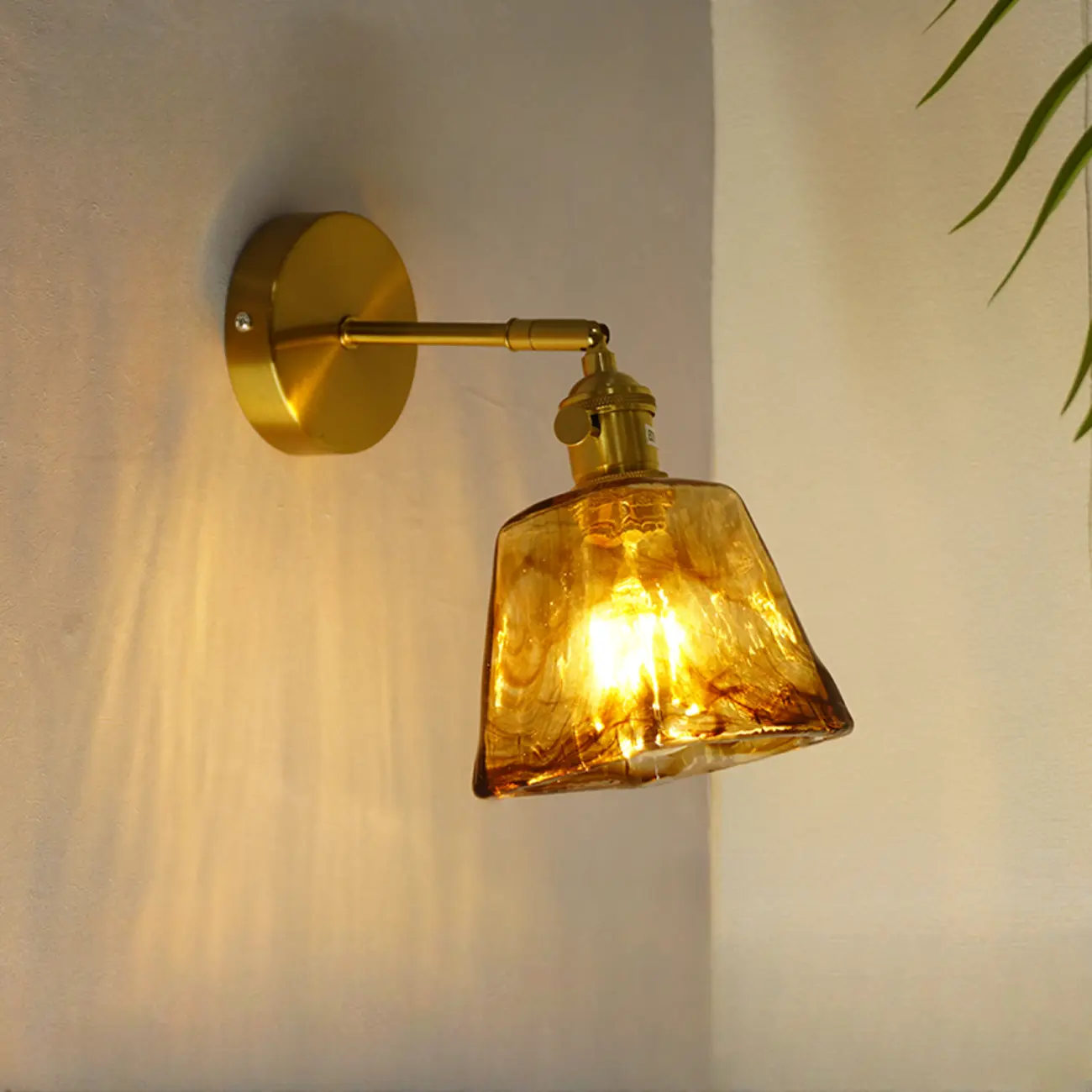 Vintage Bedside Swing Arm Wall Light with Amber Glass Shade