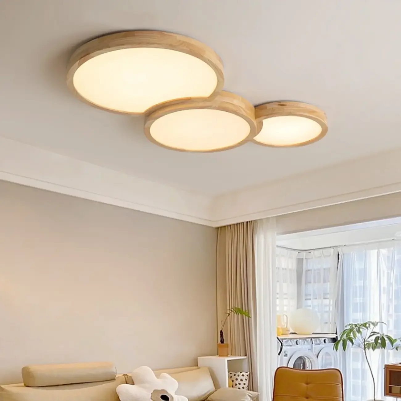 Natural Geometric Wood Dimmable Flush Mount LED Ceiling Light
