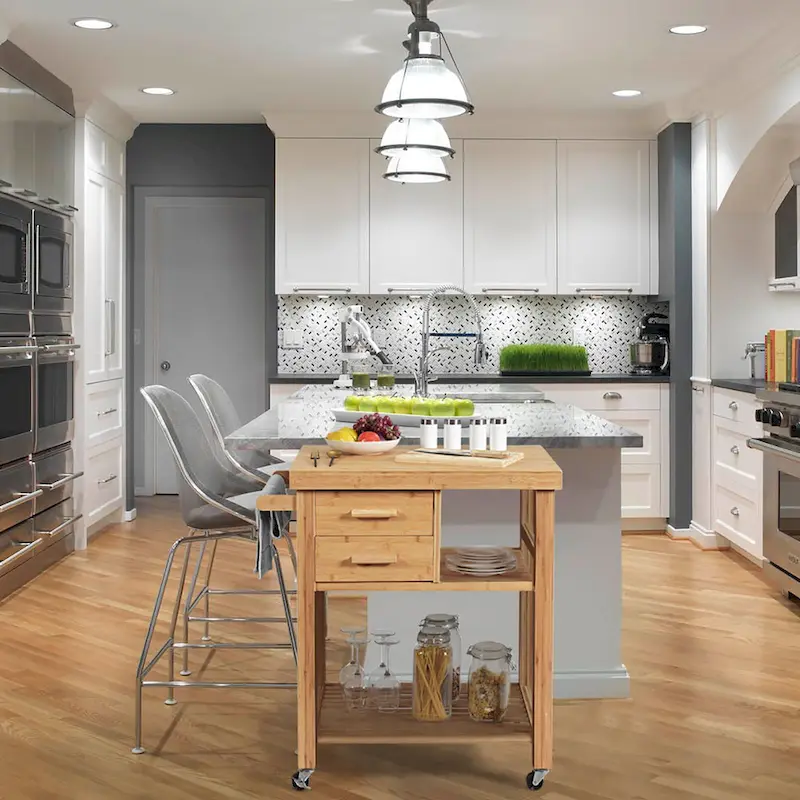 Costway Bamboo Kitchen Trolley Cart Wood Rolling Island w/ Tower Rack