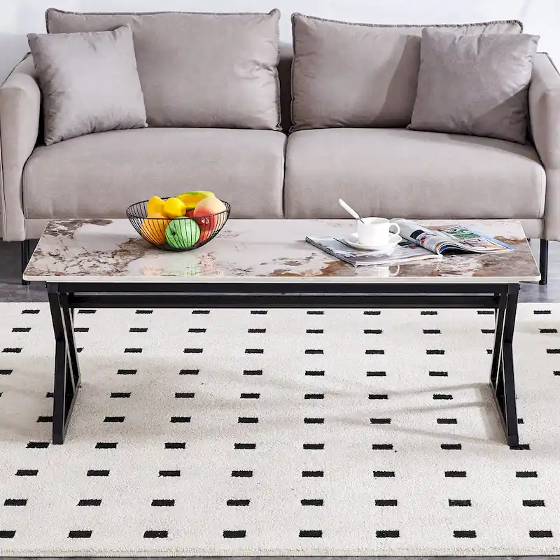 47 Modern Rectangular Coffee Table with Sintered Stone Tabletop and X-shaped Metal Legs