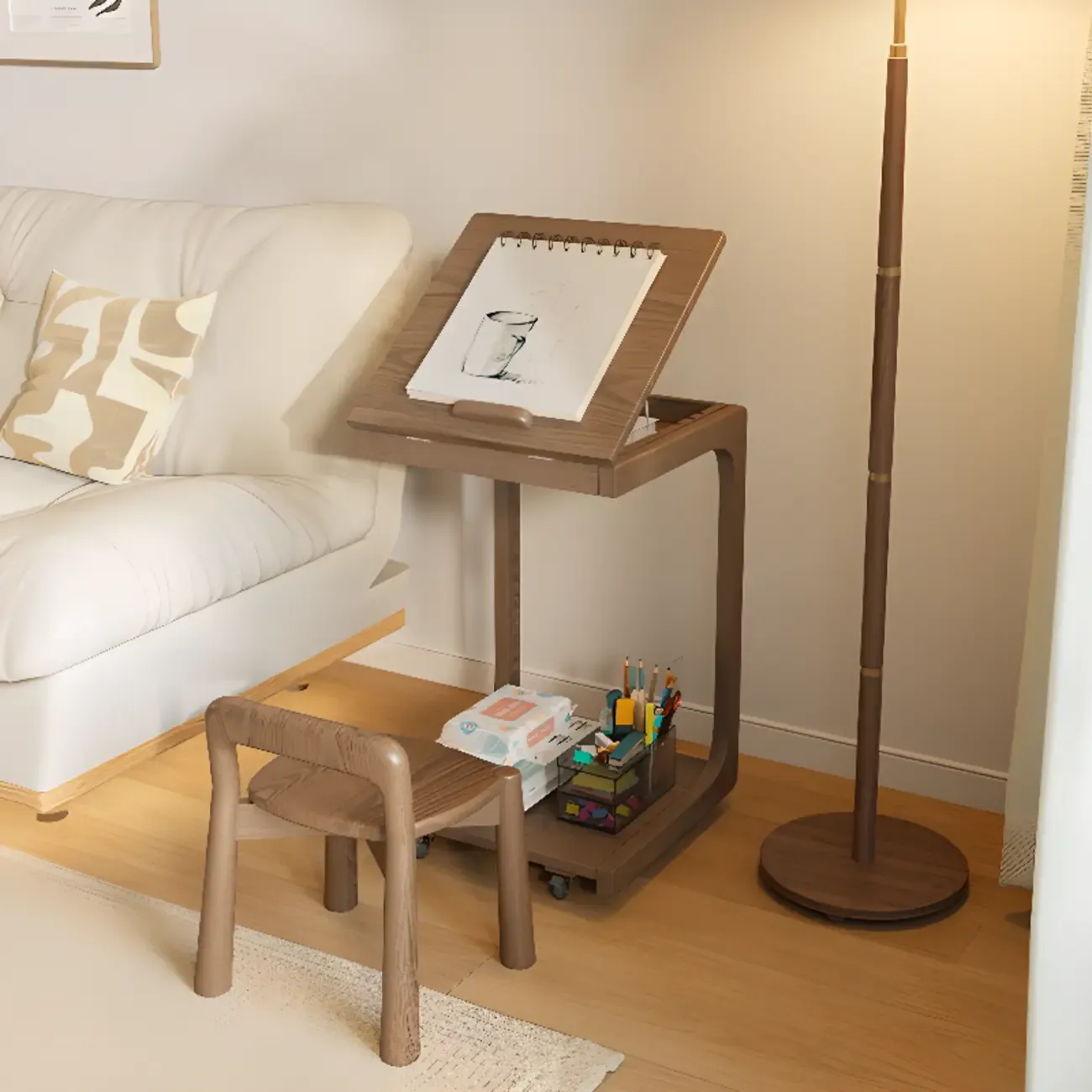 Scandinavian Wooden Flip-Top C-Shaped Side Table with Wheels