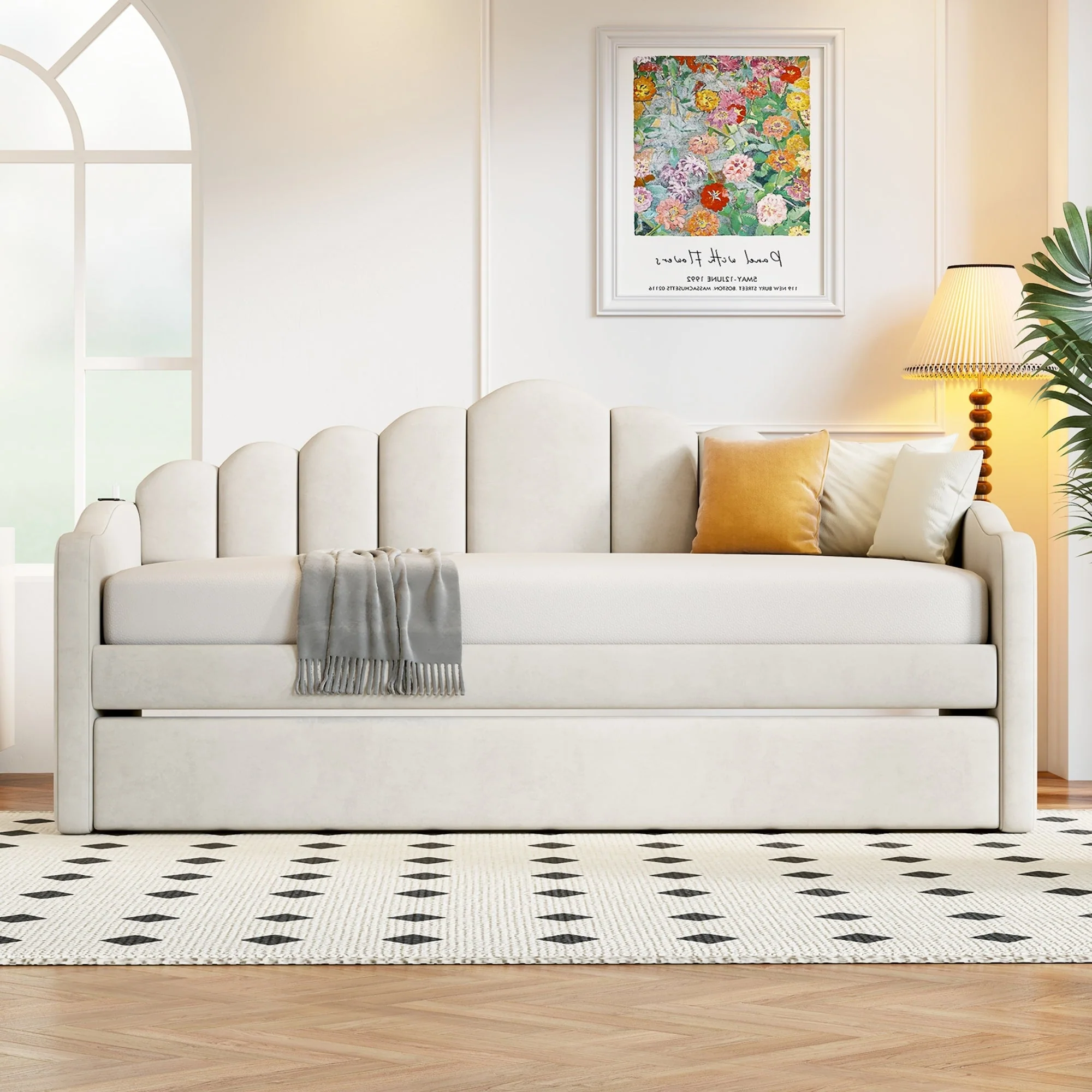 Walker Edison | Velvet Twin Size Sofa Bed with Trundle and USB Charging Ports