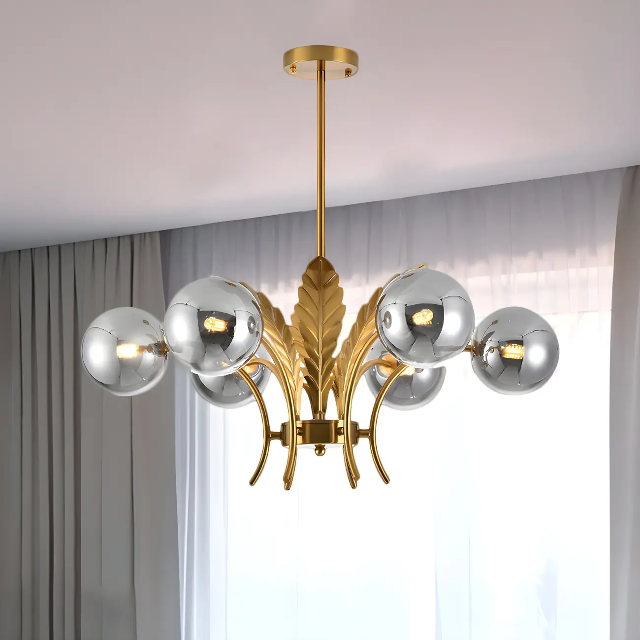 Luxury 6-light Gold Leaf Chandelier with Glass Globes