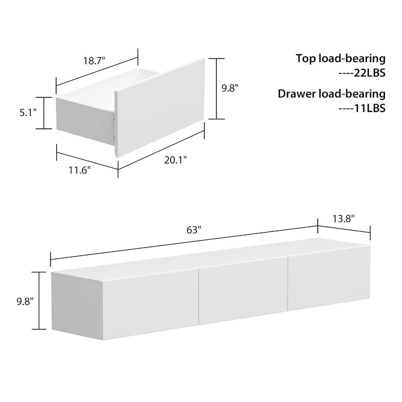 63 Floating Entertainment Center, Wall Mount LED TV Stand High Gloss