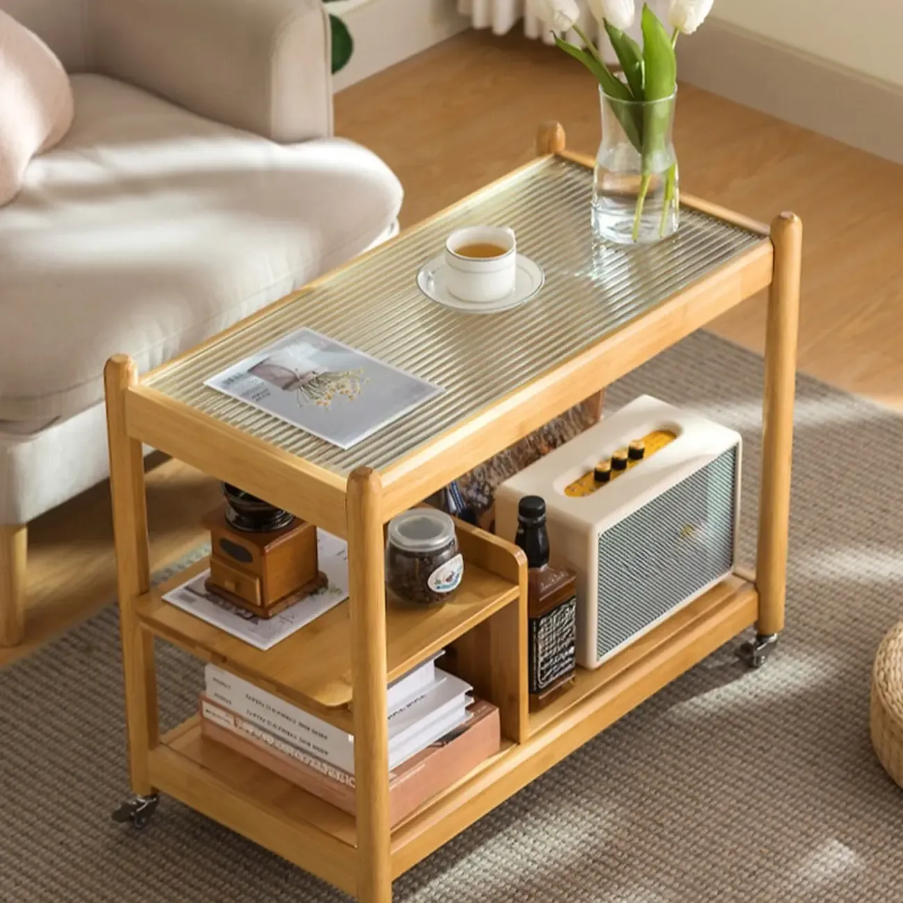 Rectangular Wide Nut-Brown Glass Top Side Table with Wheels