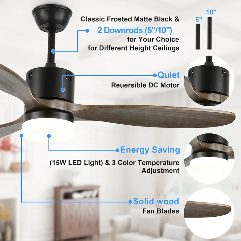 52  Farmhouse Solid Wood Ceiling Fan with Dimmable LED Light, 3-Speed Reversible Ceiling Fan with Remote