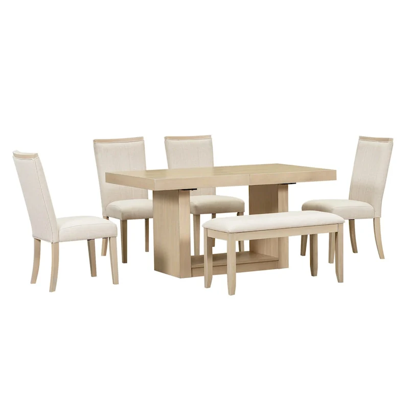 6-Piece 78inch Extendable Pedestal Dining Table Set with 18inch Removable Leaf and Dining Bench, 4 Upholstered Dining Chairs