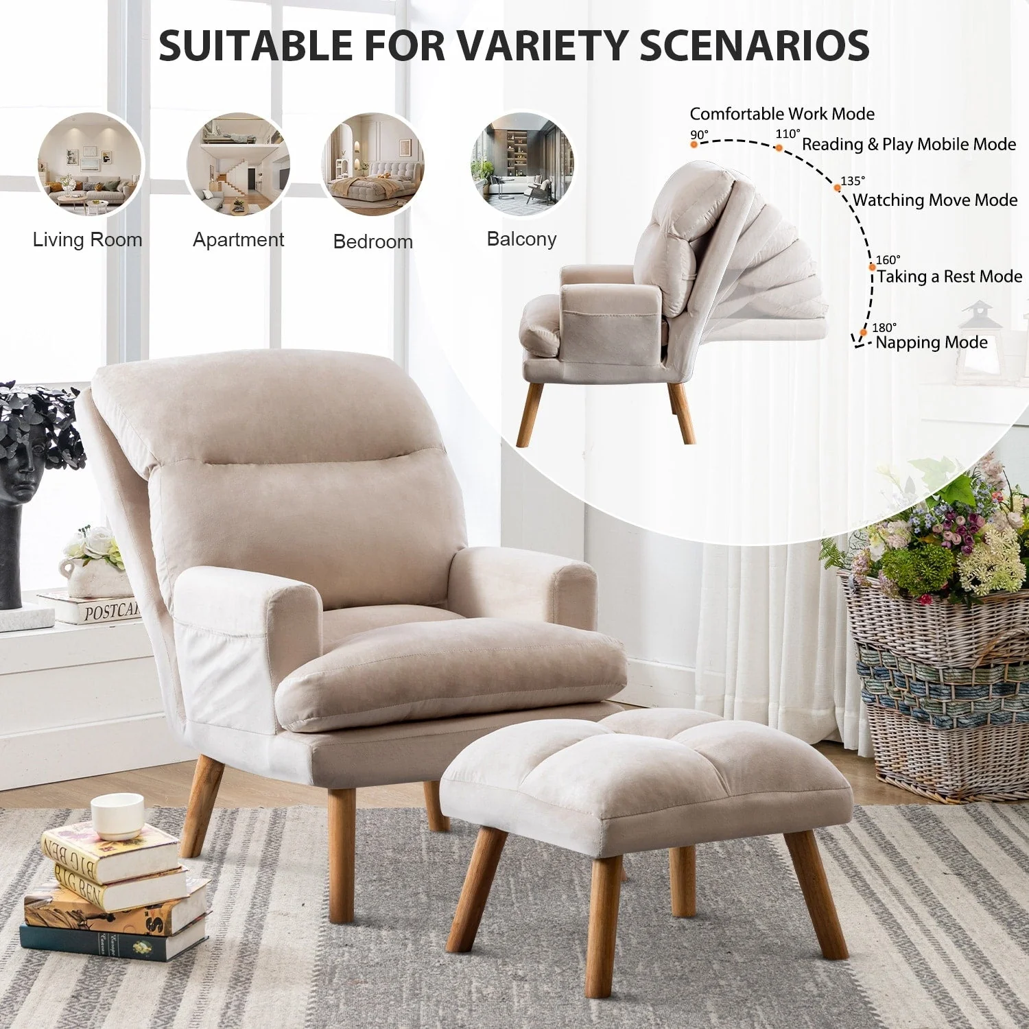 Soft Fabric Casual Living Room Armchair With Adjustable Backrest And Legs Stool