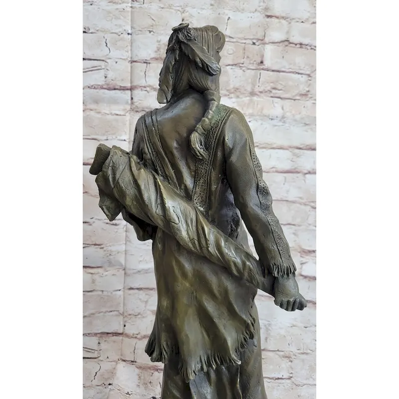 Indian Chief With Shield Gun Full Headdress Native American Bronze Statue 22 Inches