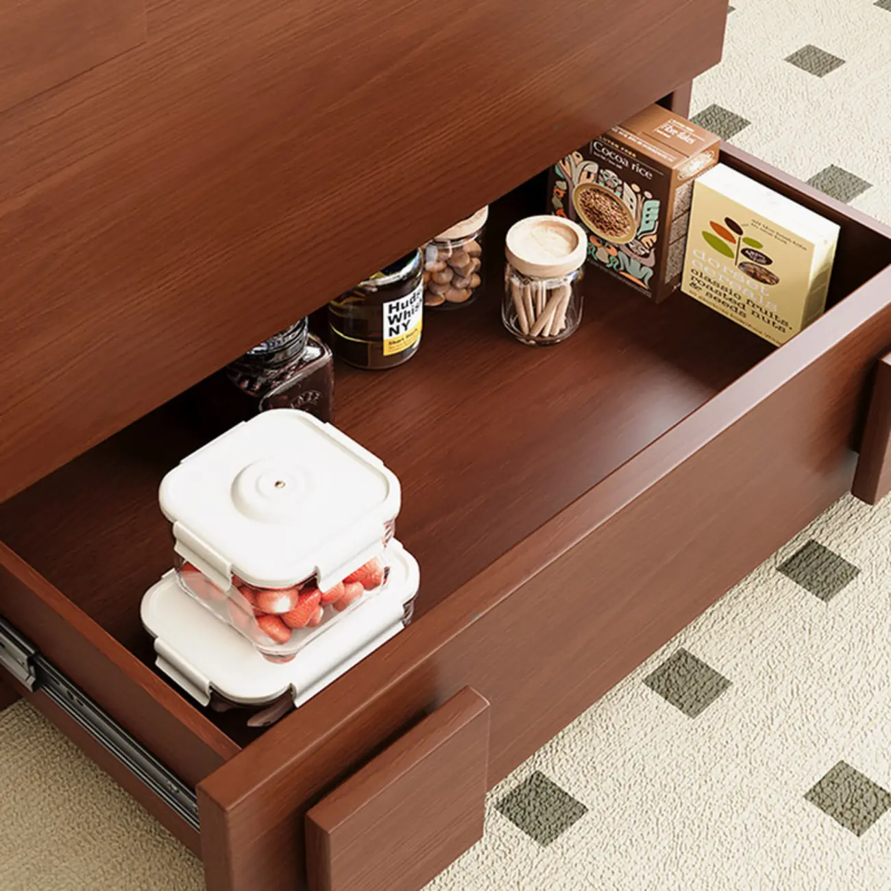 Cubical Solid Wood Double Drawer Nightstand in Nut-Brown