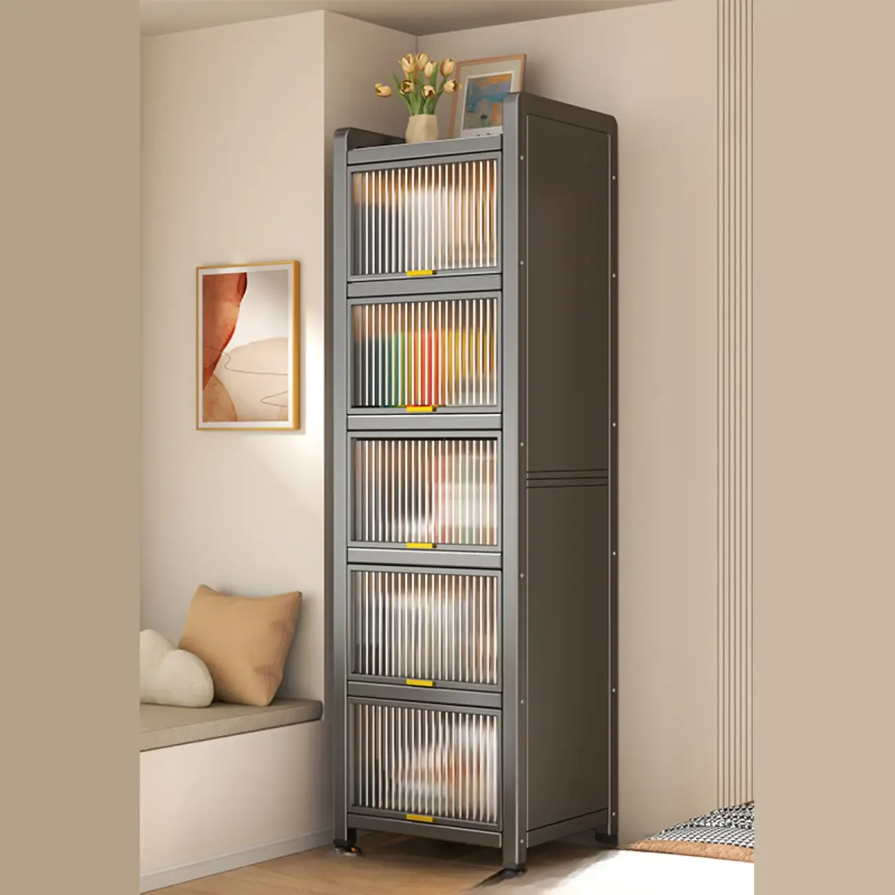Flip-up Cover Modern Closed Back Metal 5-Shelf Bookcase