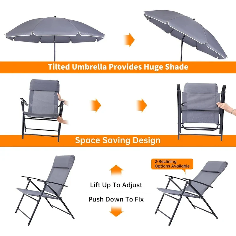 4 Piece Patio Dining Set, Garden Furniture Bistro Set with Tilted Removable Umbrella, 2 Folding Chairs, Round Glass Table (Grey)