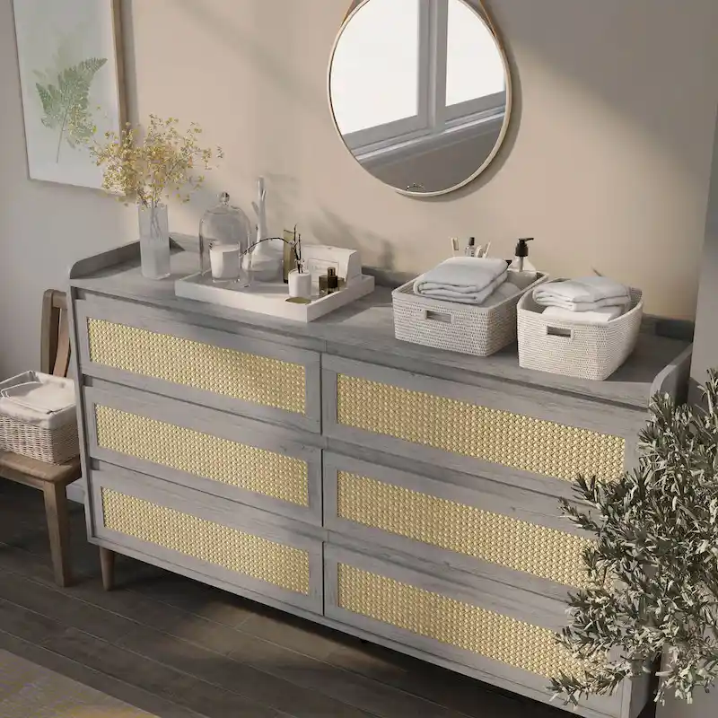 Chic Beach 63-inch Wide Rattan 6-Drawer Dresser